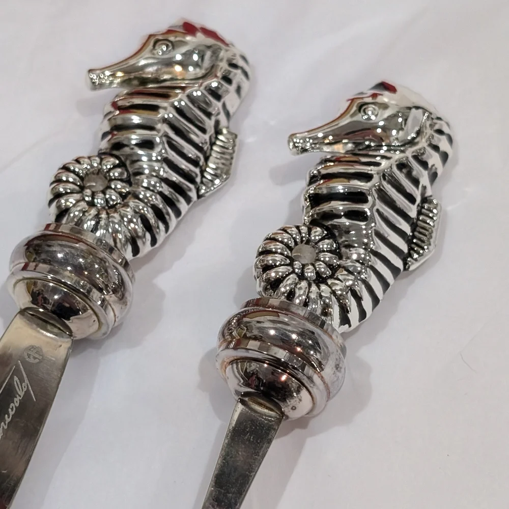 Hans Turnwald Silver Plated Spreader and Cocktail Fork, Seahorse Handles